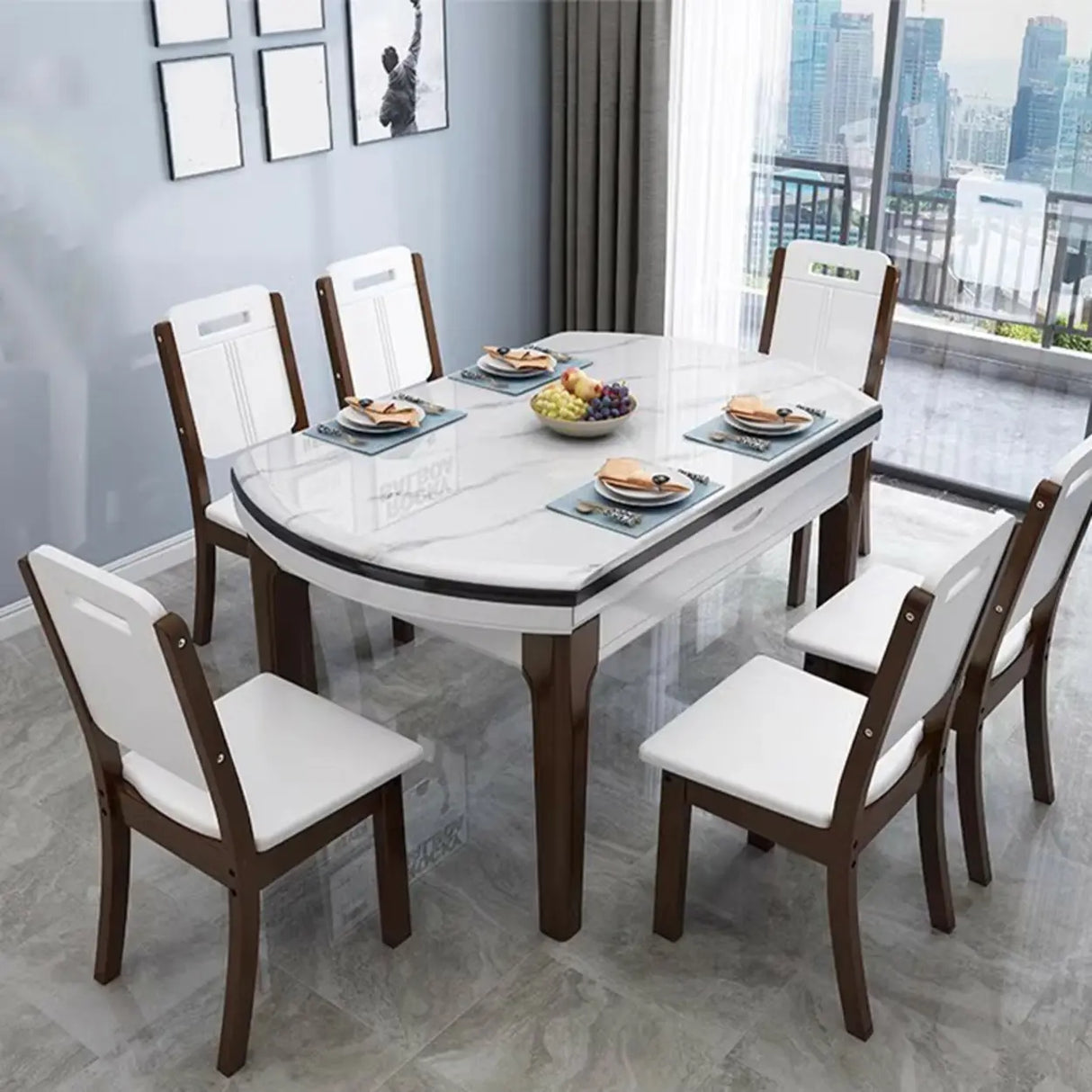 Elegant Rectangular Marble Dining Table White Extendable Image - 2