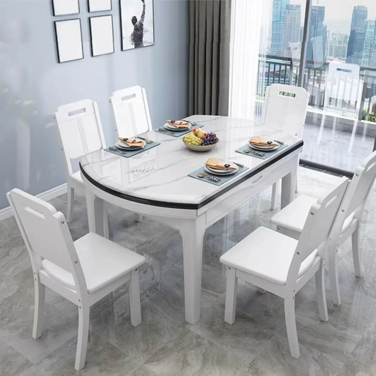 Elegant Rectangular Marble Dining Table White Extendable Image - 3