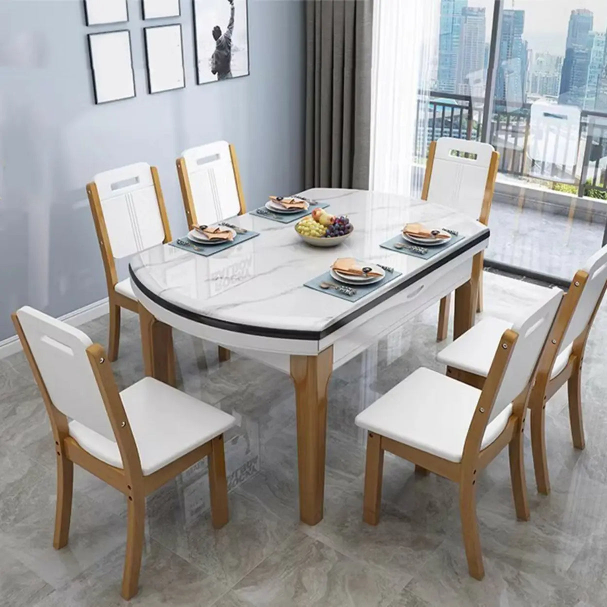 Elegant Rectangular Marble Dining Table White Extendable Image - 5