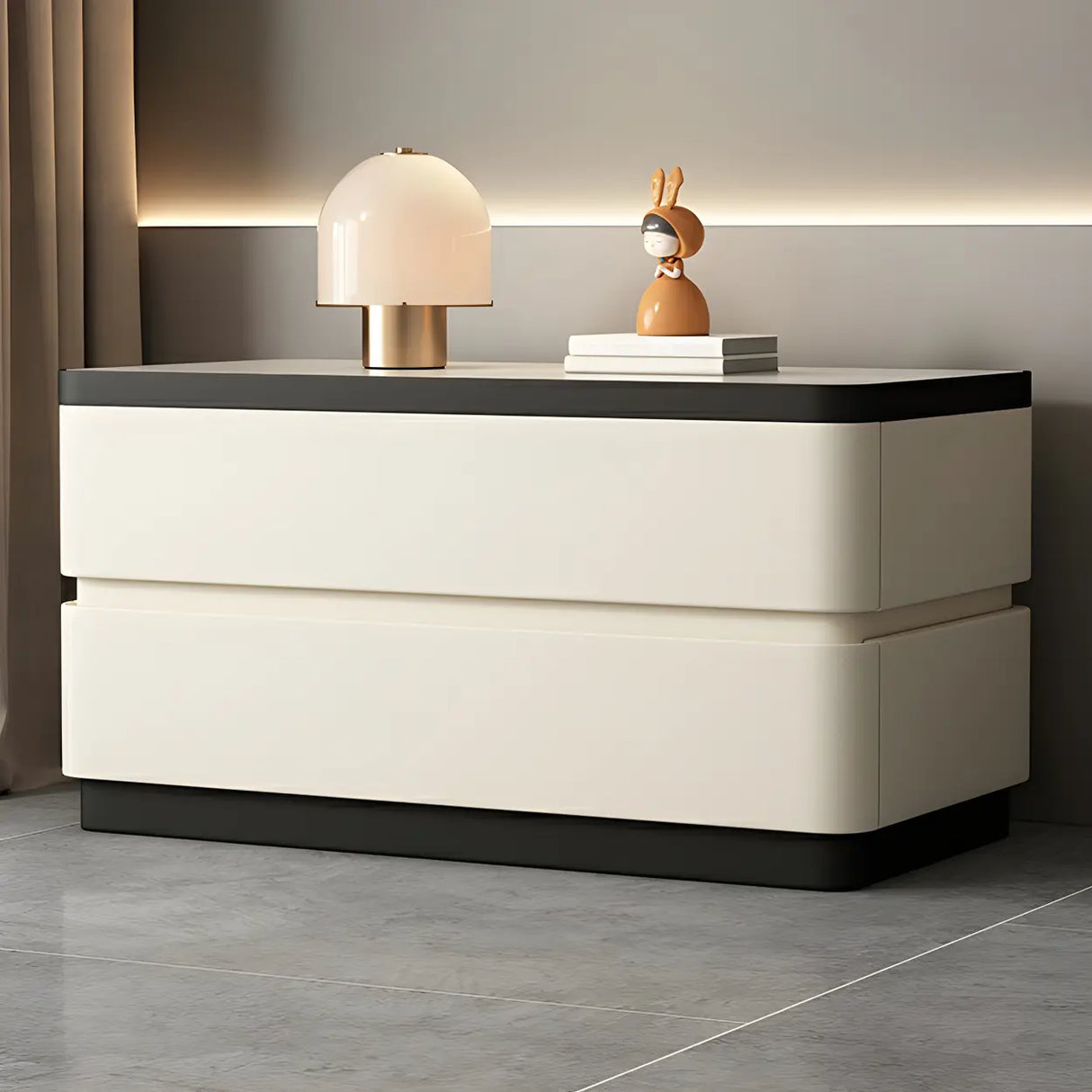 Elegant Rectangular Faux Leather Cream Storage Nightstand Image - 15