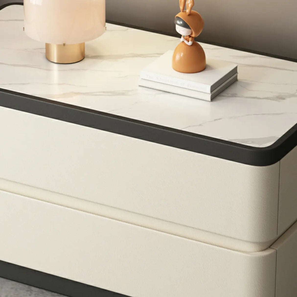 Elegant Rectangular Faux Leather Cream Storage Nightstand Image - 18
