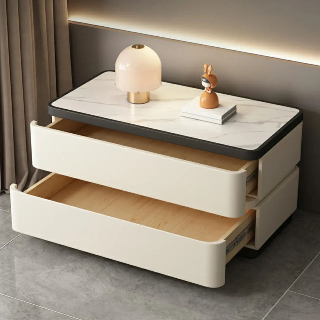 Elegant Rectangular Faux Leather Cream Storage Nightstand Image - 19