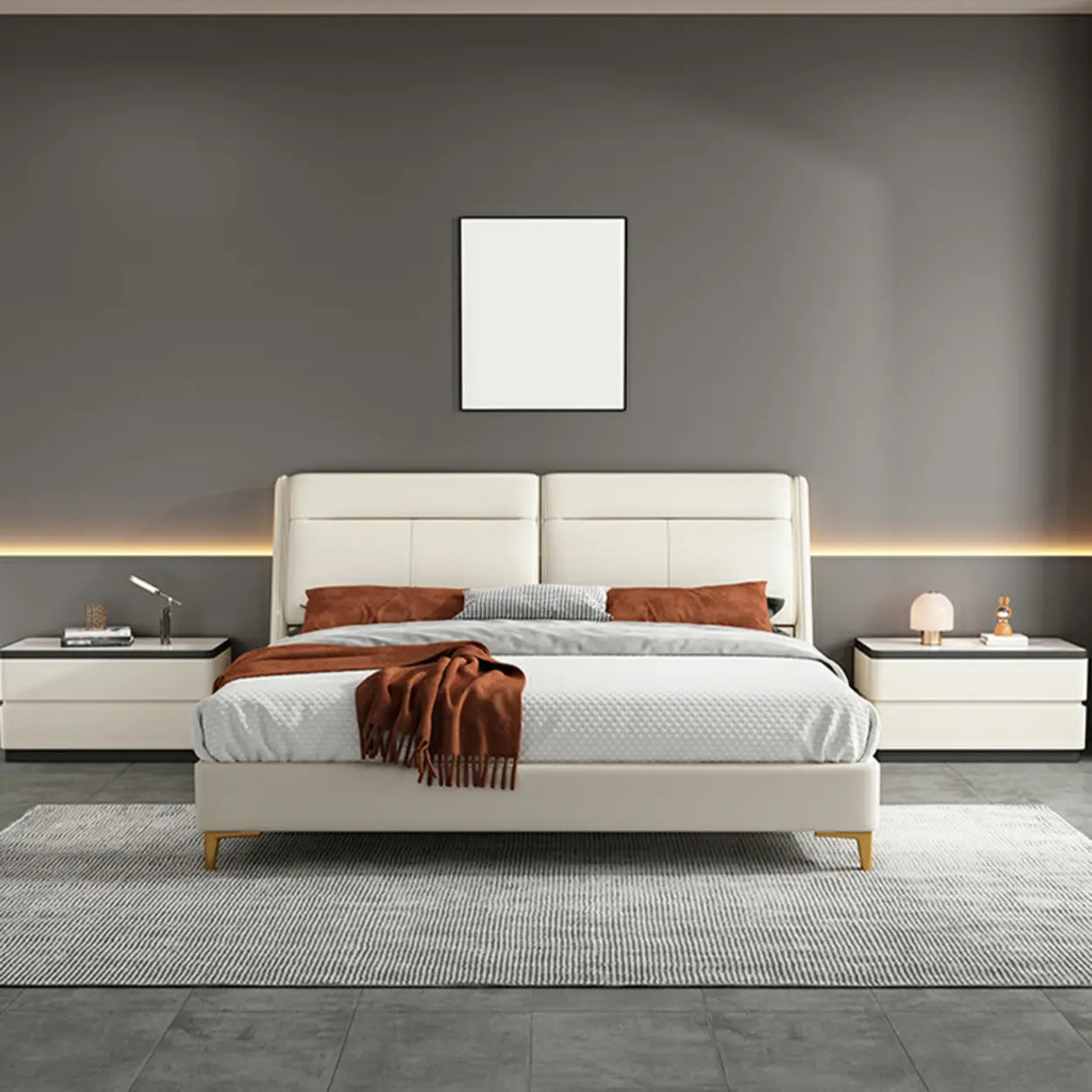 Elegant Rectangular Faux Leather Cream Storage Nightstand Image - 20