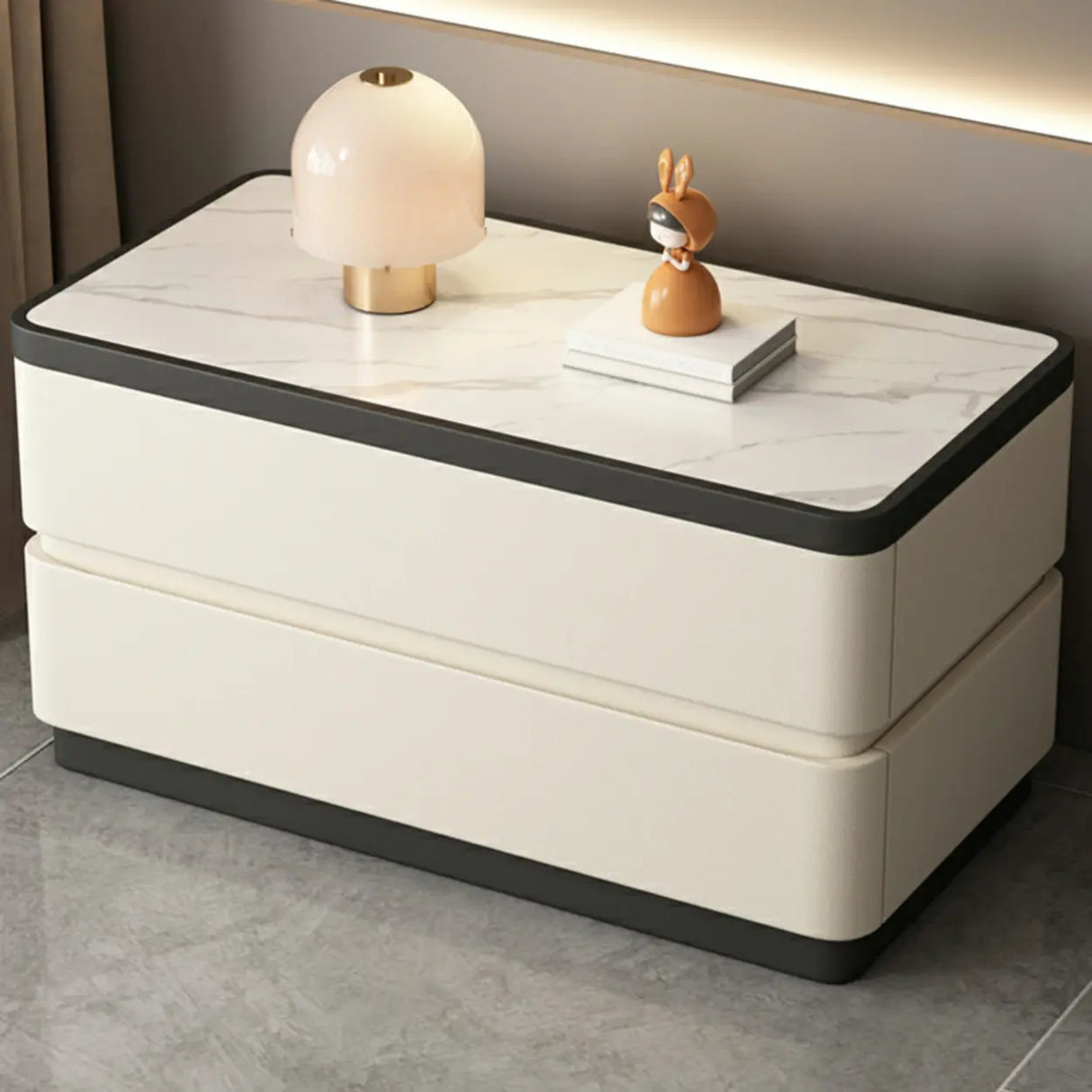 Elegant Rectangular Faux Leather Cream Storage Nightstand Image - 3