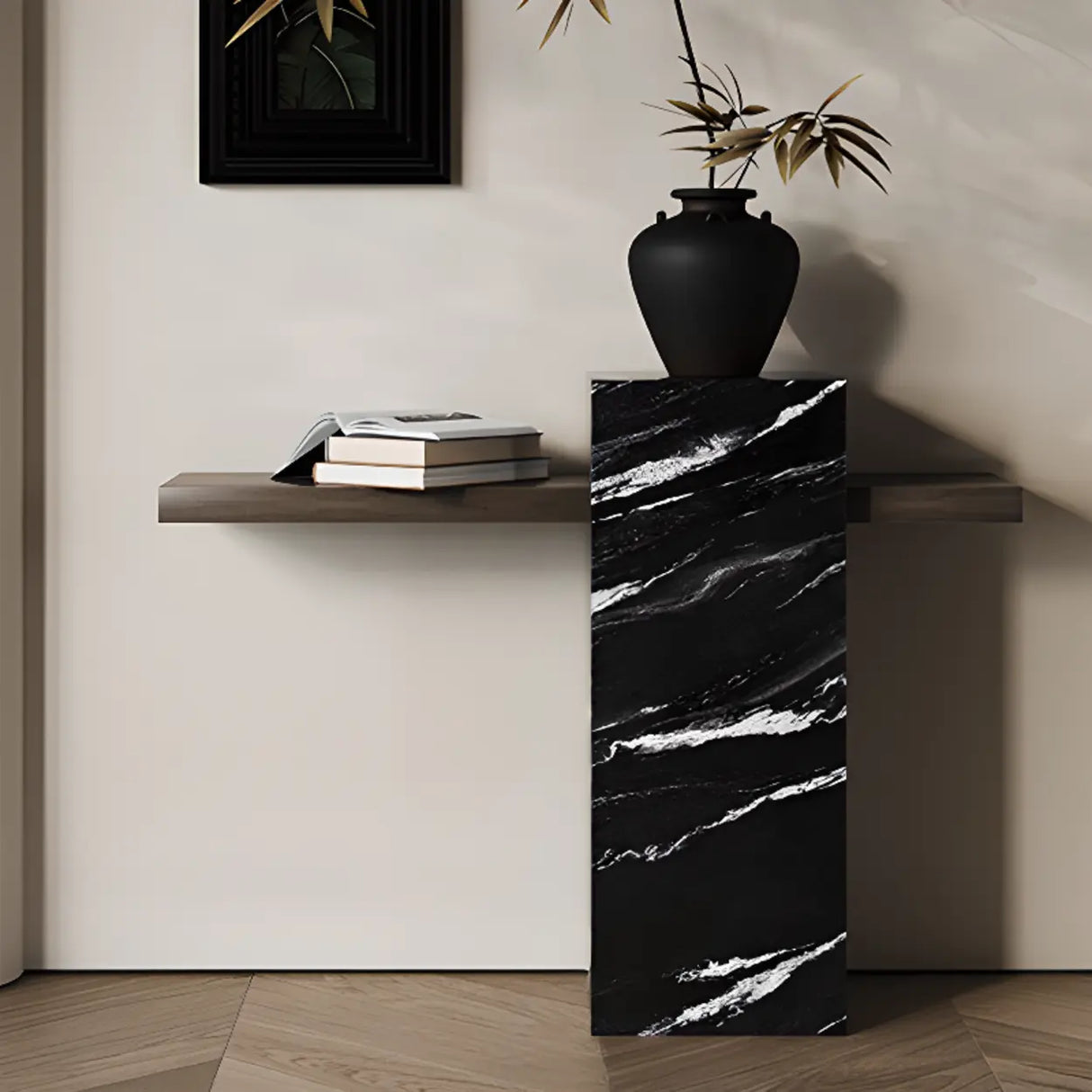 Elegant Rectangular Stone Black Accent Console Table Image - 1