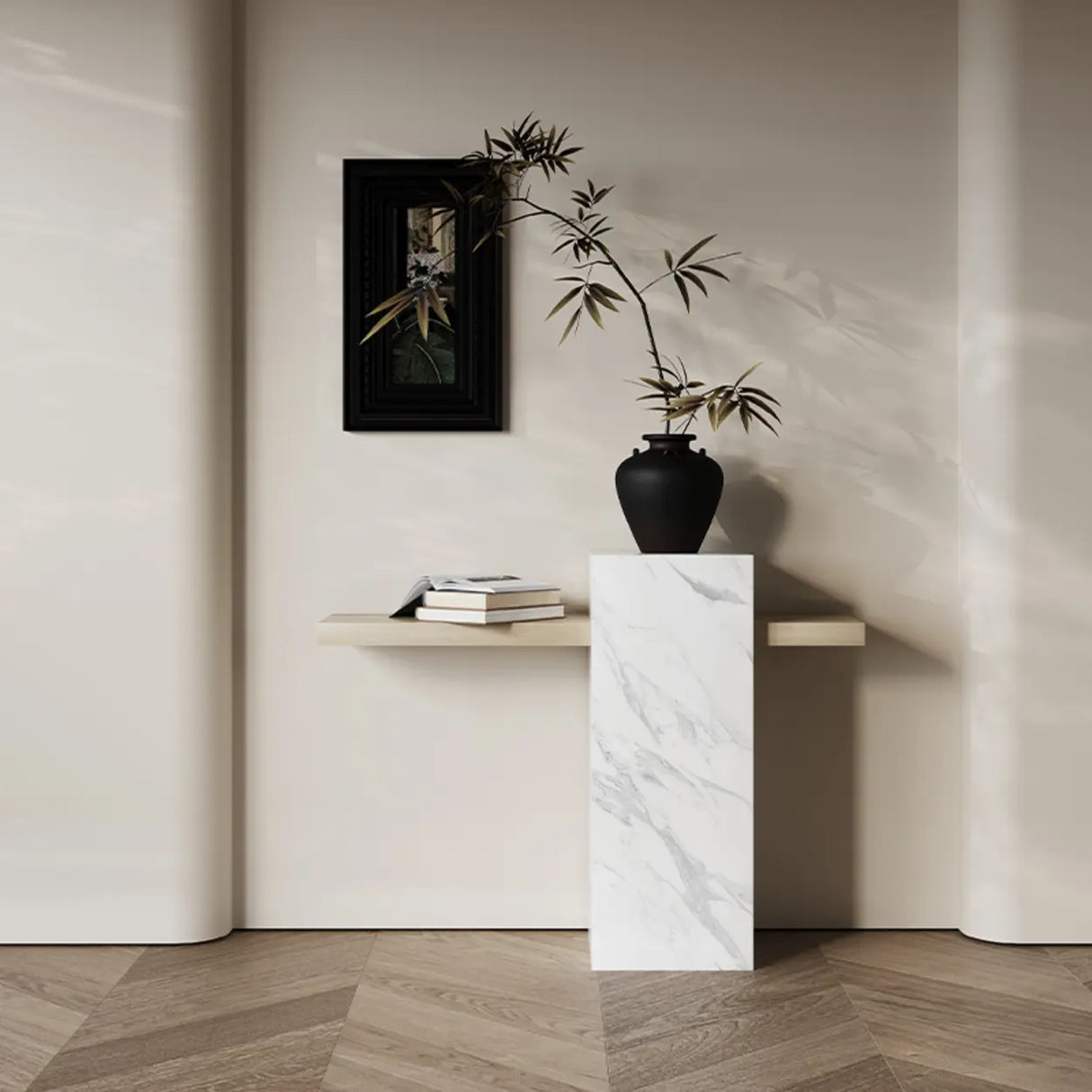 Elegant Rectangular Stone Black Accent Console Table Image - 2