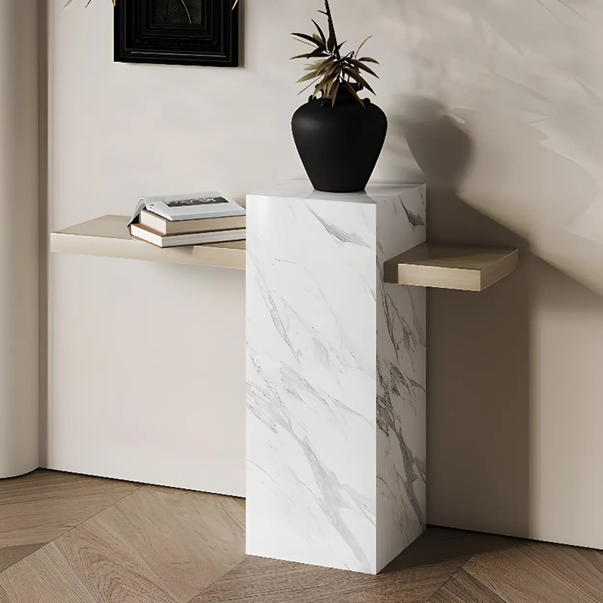 Elegant Rectangular Stone Black Accent Console Table Image - 4