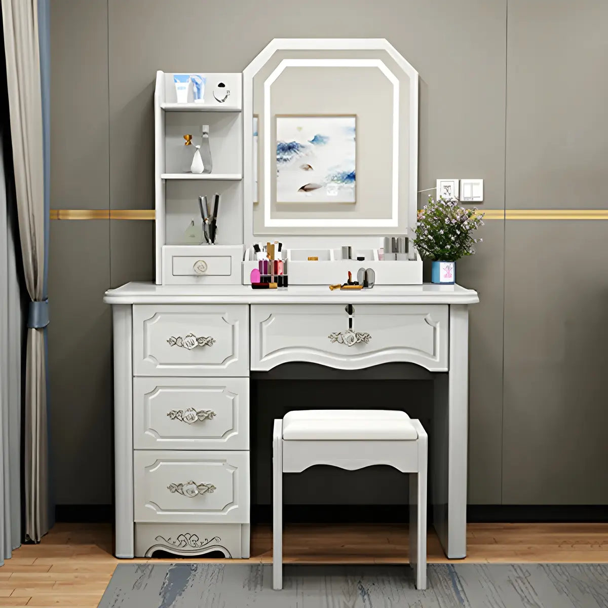 Elegant Rectangular Wood Bedroom White Drawer Makeup Vanity Image - 1