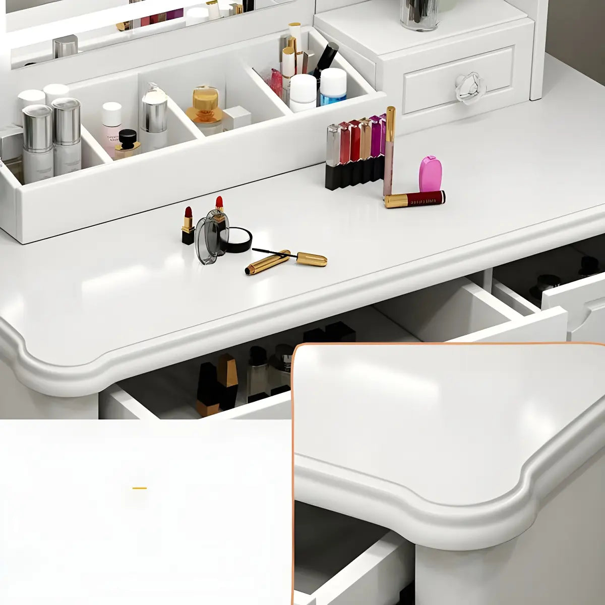 Elegant Rectangular Wood Bedroom White Drawer Makeup Vanity Image - 10