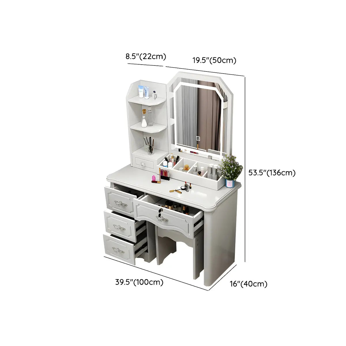 Elegant Rectangular Wood Bedroom White Drawer Makeup Vanity Image - 13