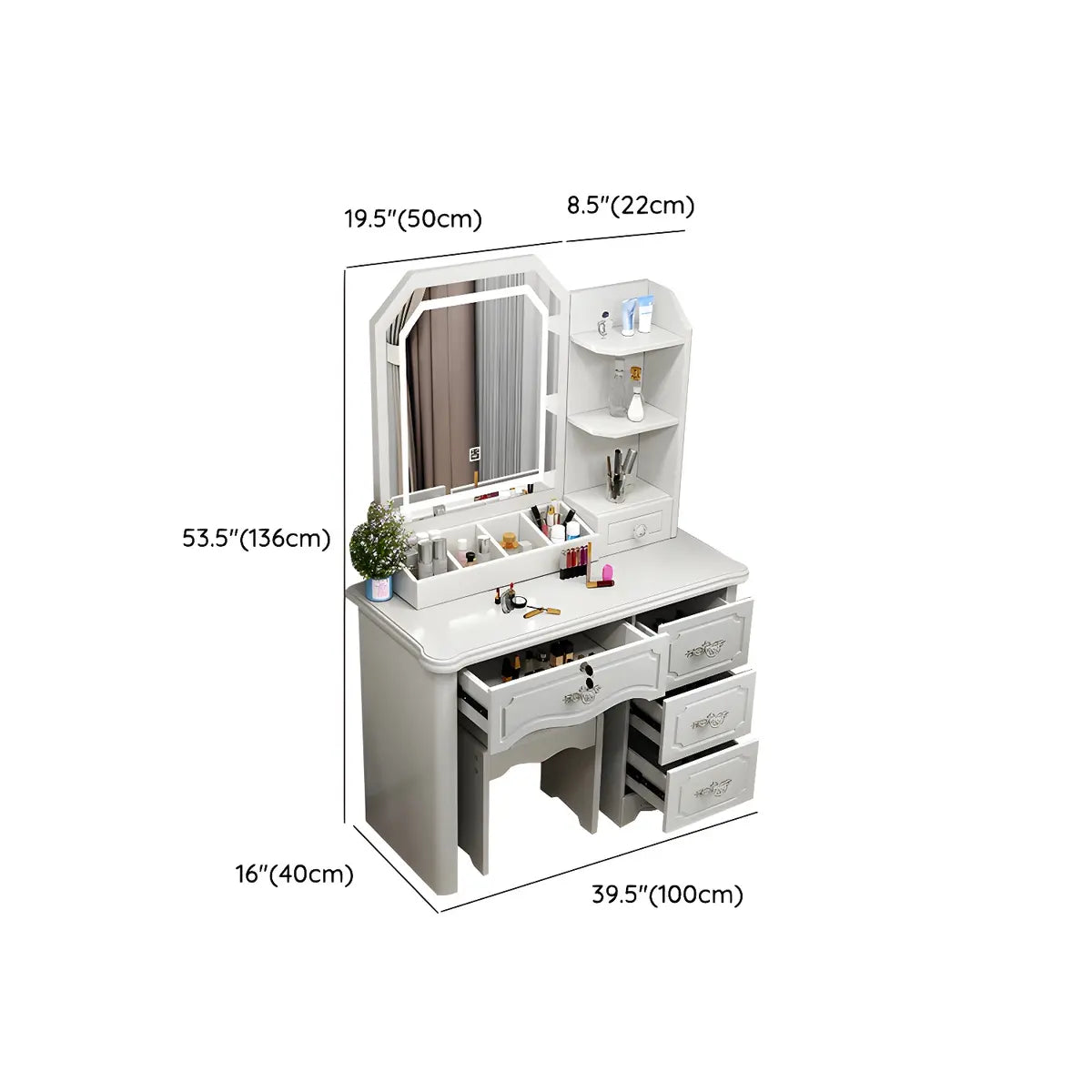 Elegant Rectangular Wood Bedroom White Drawer Makeup Vanity Image - 15