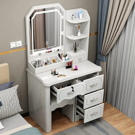 Elegant Rectangular Wood Bedroom White Drawer Makeup Vanity Image - 2