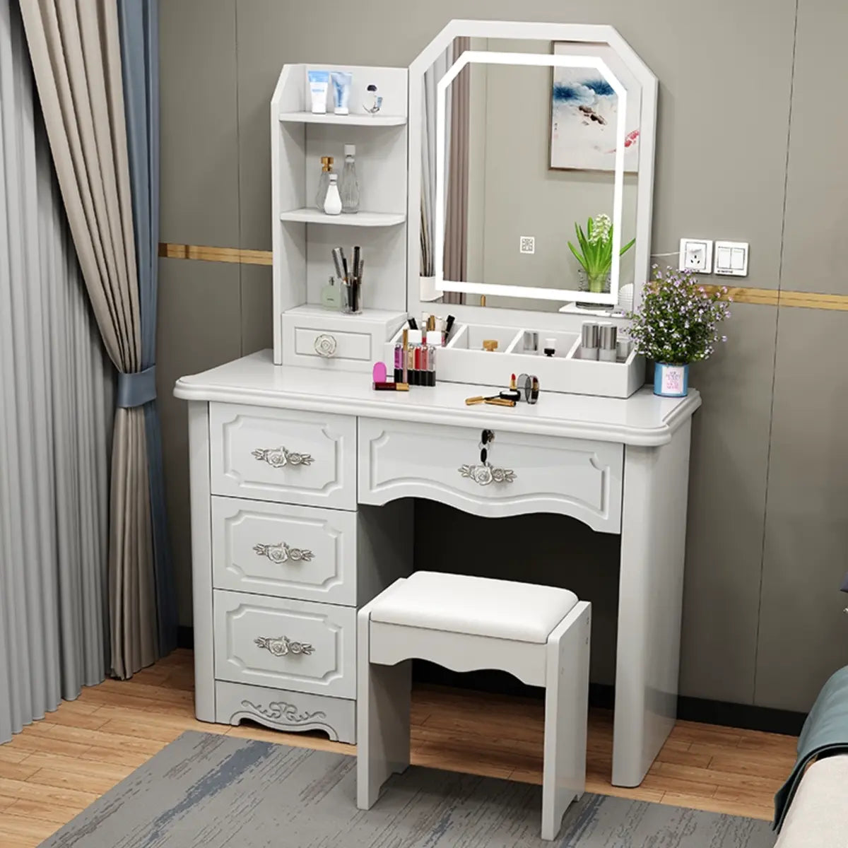 Elegant Rectangular Wood Bedroom White Drawer Makeup Vanity Image - 3