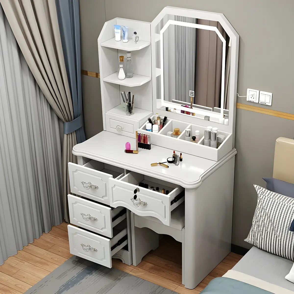 Elegant Rectangular Wood Bedroom White Drawer Makeup Vanity Image - 4