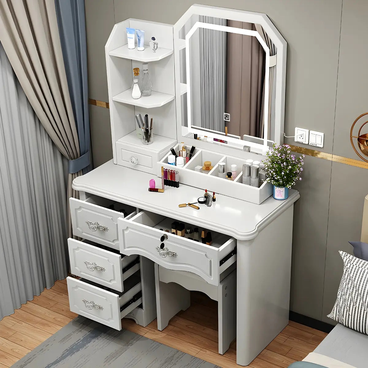 Elegant Rectangular Wood Bedroom White Drawer Makeup Vanity Image - 5