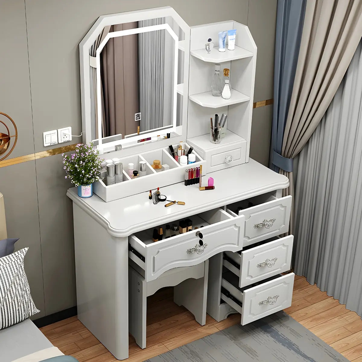 Elegant Rectangular Wood Bedroom White Drawer Makeup Vanity Image - 7