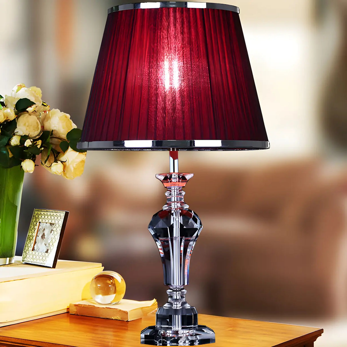 Elegant Red Fabric Faceted Crystal Base Table Lamp Image - 1