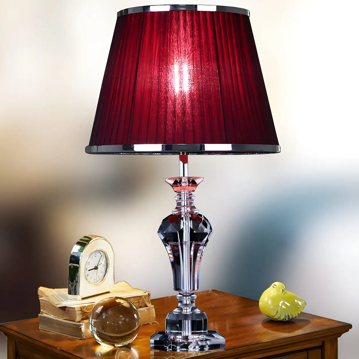 Elegant Red Fabric Faceted Crystal Base Table Lamp Image - 2