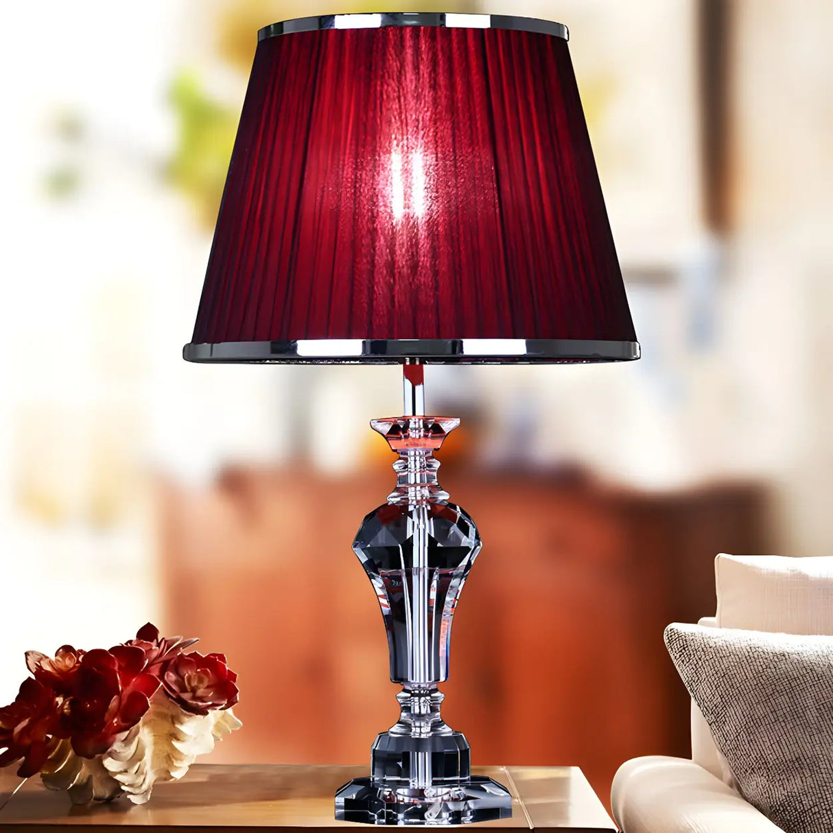 Elegant Red Fabric Faceted Crystal Base Table Lamp Image - 3