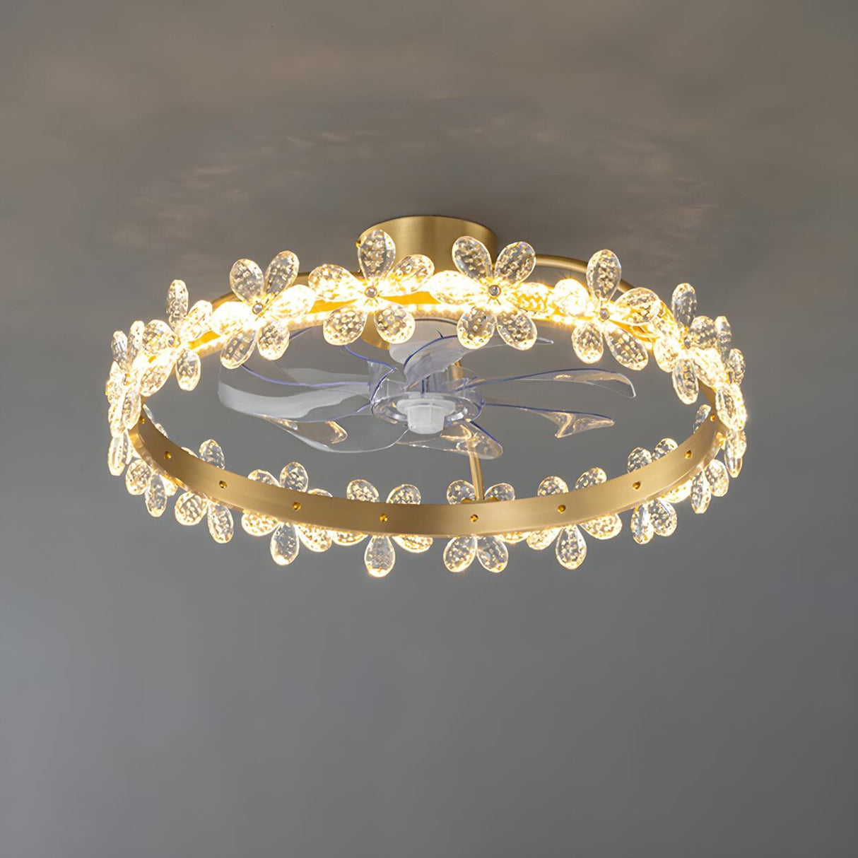 Elegant Ring Crystal Flower Brass Ceiling Fan Light Image - 10