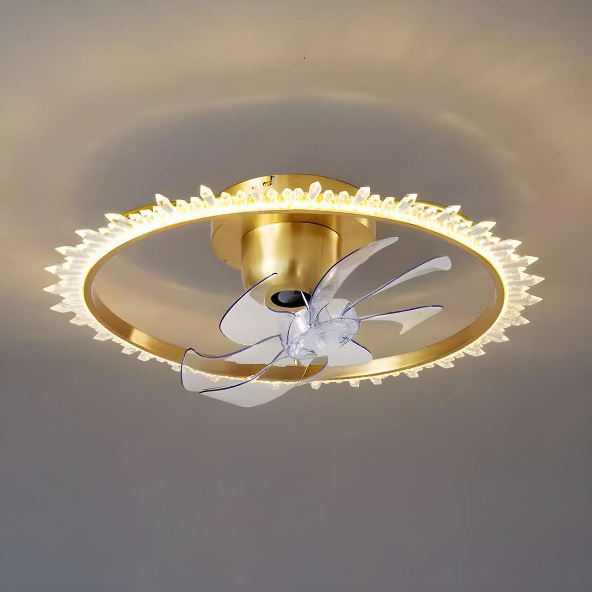 Elegant Ring Crystal Flower Brass Ceiling Fan Light Image - 12