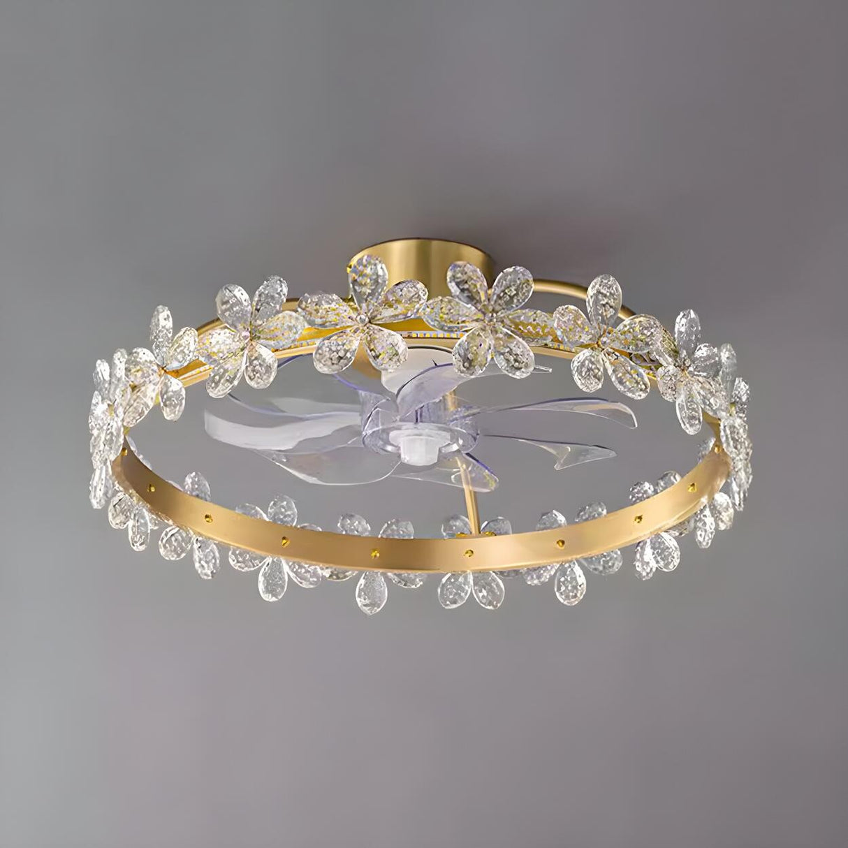 Elegant Ring Crystal Flower Brass Ceiling Fan Light Image - 13