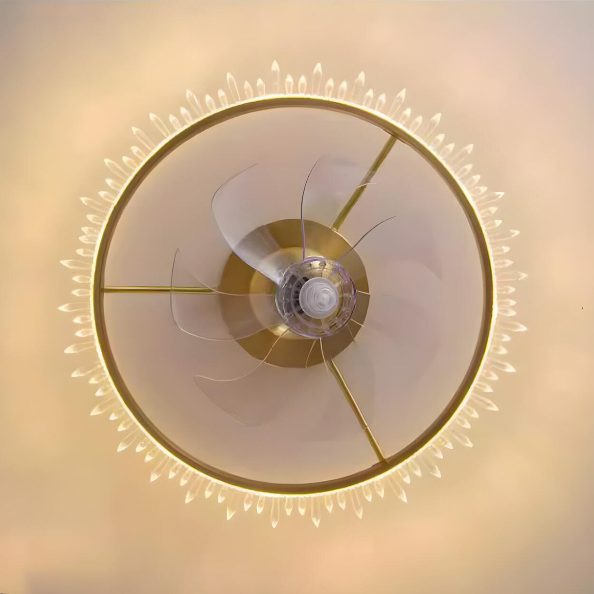 Elegant Ring Crystal Flower Brass Ceiling Fan Light Image - 14