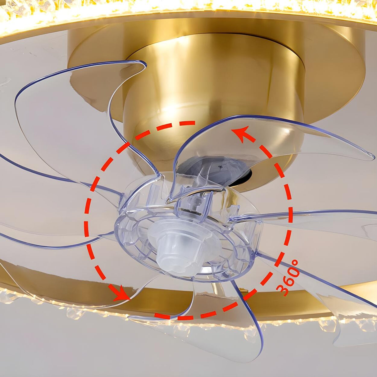 Elegant Ring Crystal Flower Brass Ceiling Fan Light Image - 15