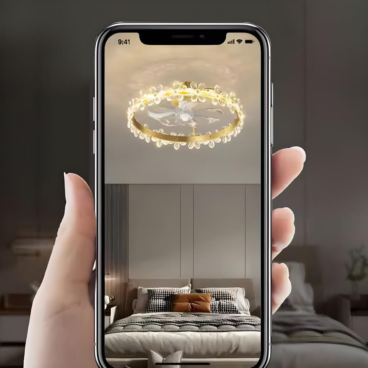 Elegant Ring Crystal Flower Brass Ceiling Fan Light Image - 16