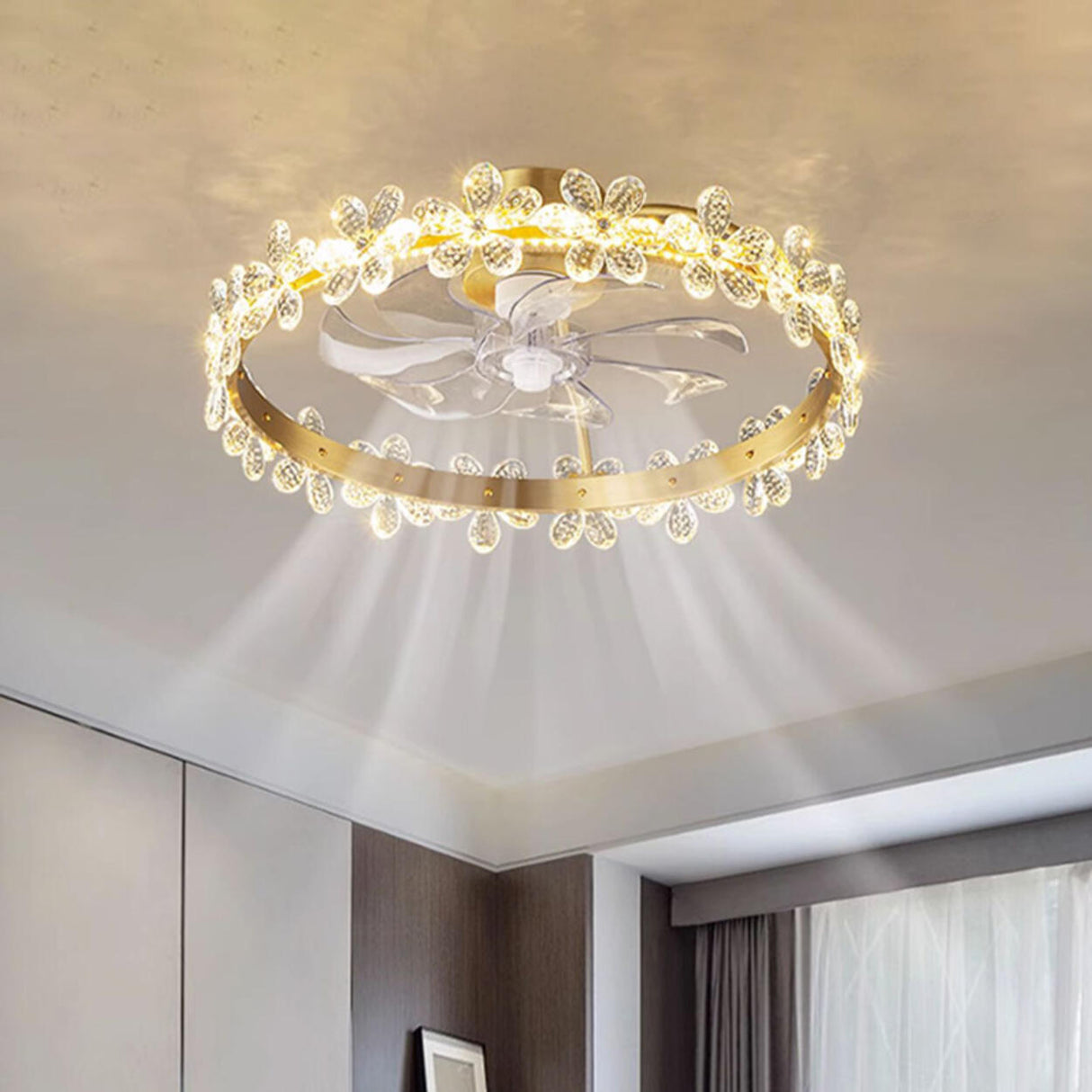 Elegant Ring Crystal Flower Brass Ceiling Fan Light Image - 4
