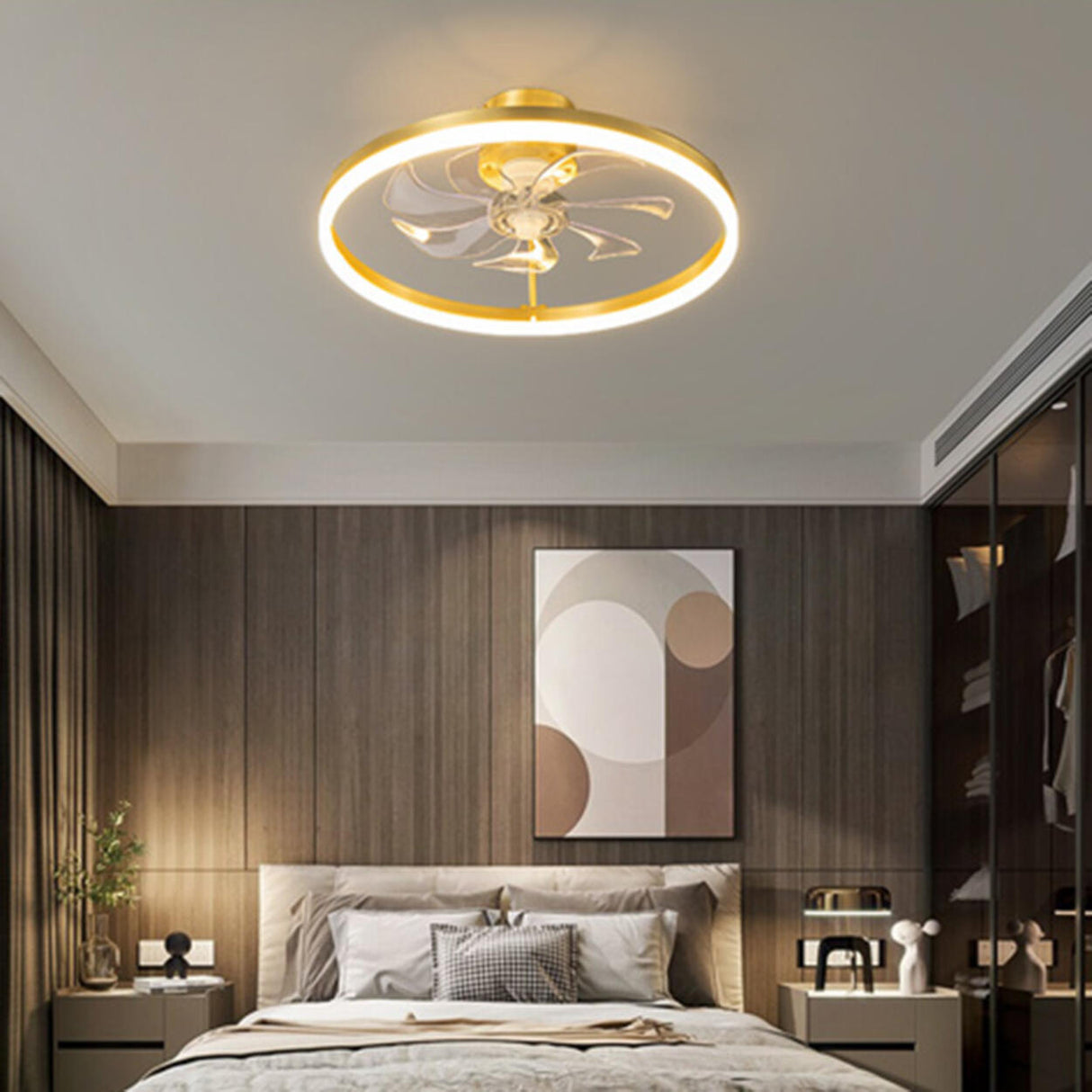 Elegant Ring Crystal Flower Brass Ceiling Fan Light Image - 5