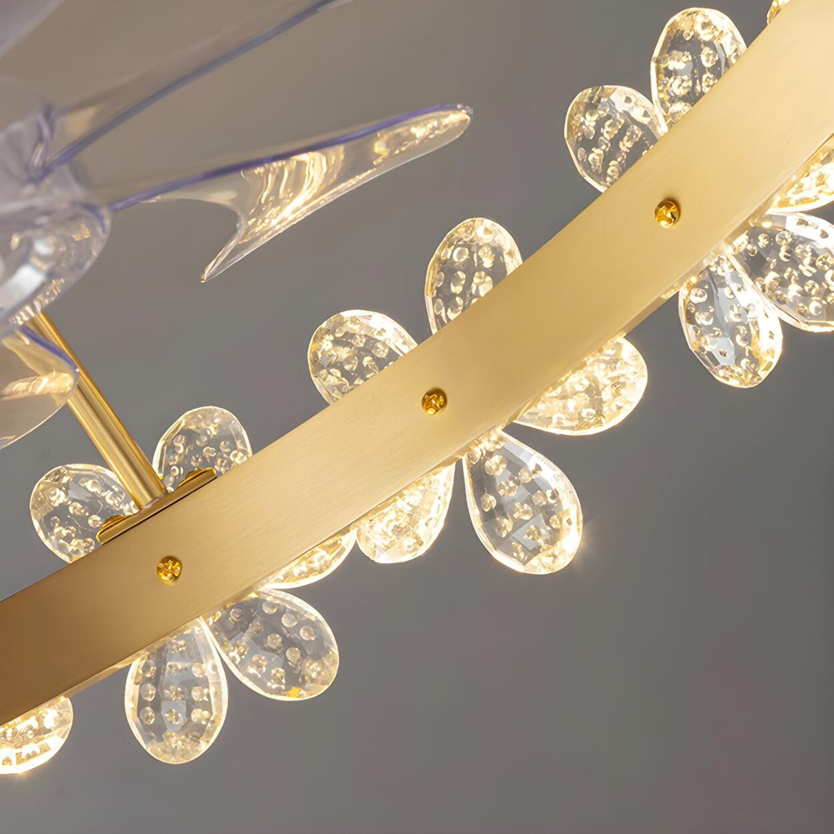 Elegant Ring Crystal Flower Brass Ceiling Fan Light Image - 6