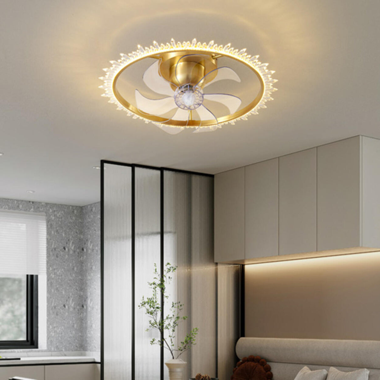 Elegant Ring Crystal Flower Brass Ceiling Fan Light Image - 7