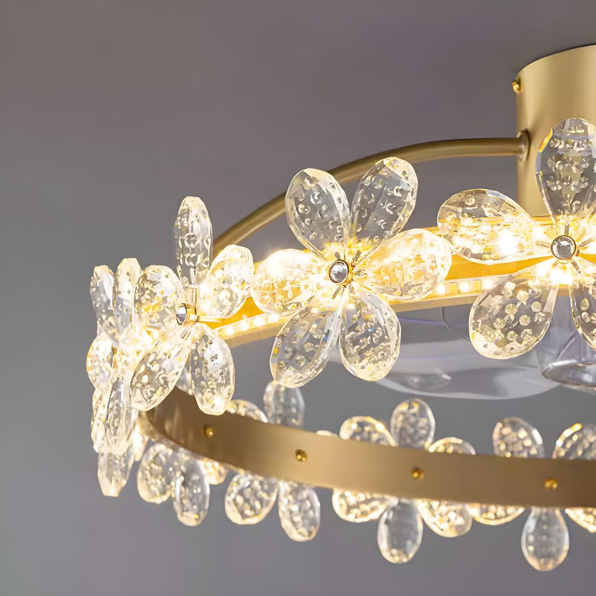 Elegant Ring Crystal Flower Brass Ceiling Fan Light Image - 8