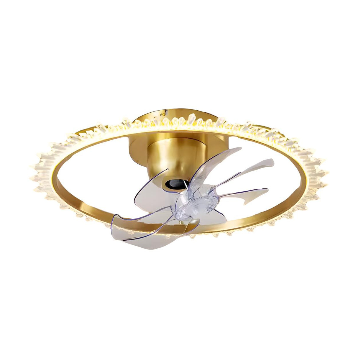 Elegant Ring Crystal Flower Brass Ceiling Fan Light Image - 9