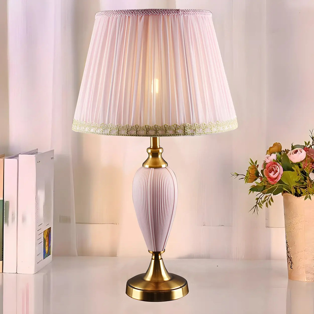 Romantic Vase Metal Table Lamp for Bedroom, Pink, 20" Image - 14
