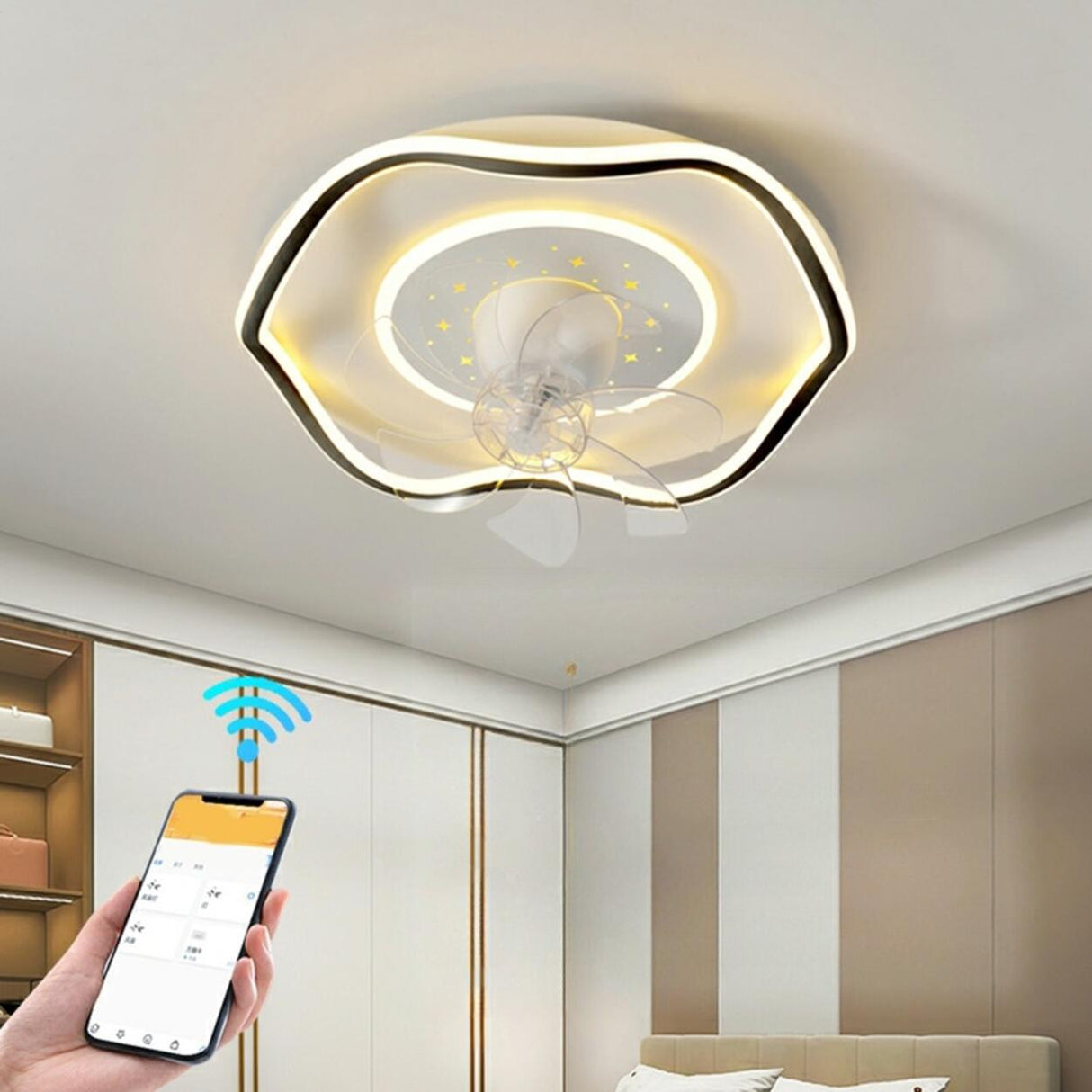 Elegant Round 7 Blade Geometric Stars Ceiling Fan Light Image - 4