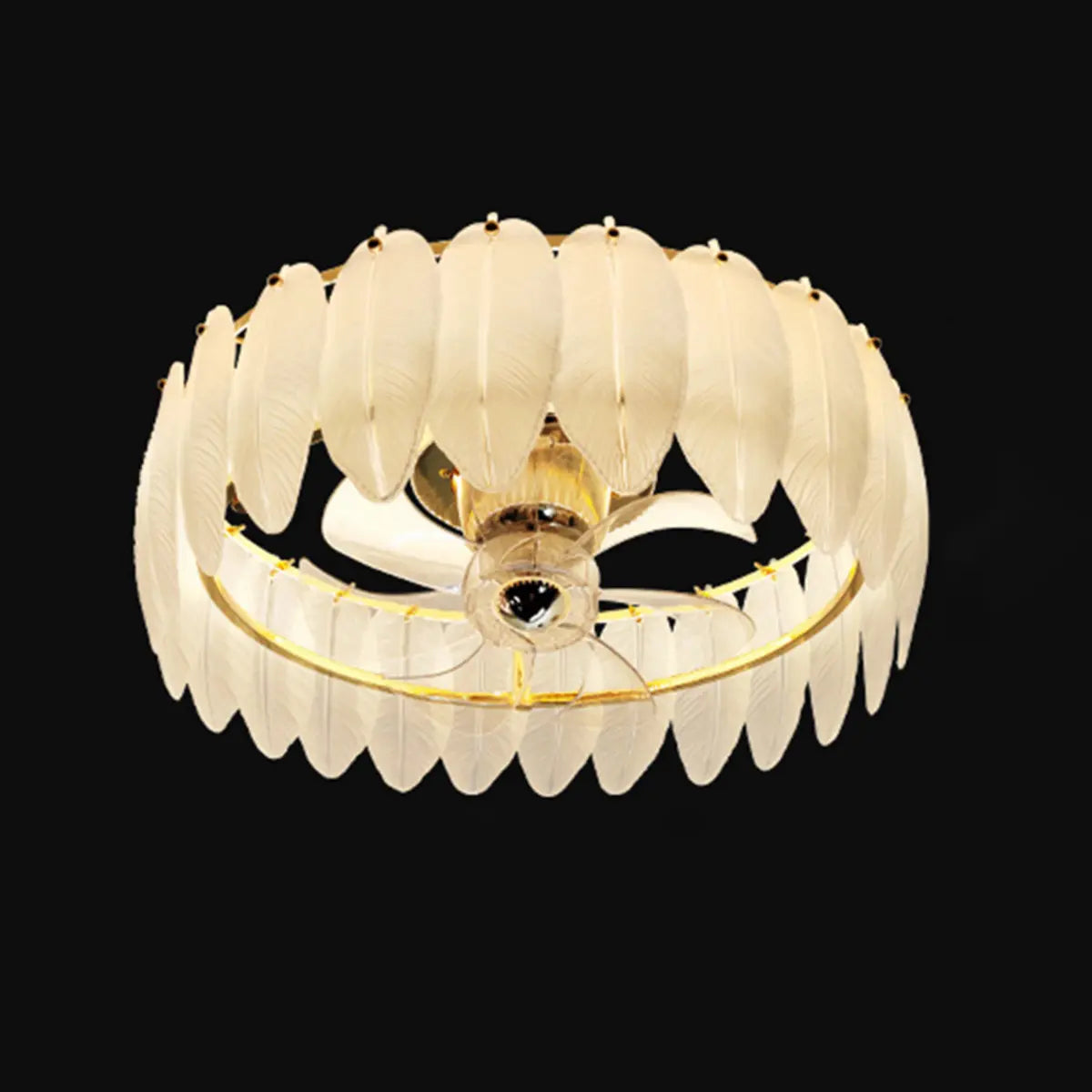 Elegant Round Feathered Glass Shade Ceiling Fan Light Image - 4