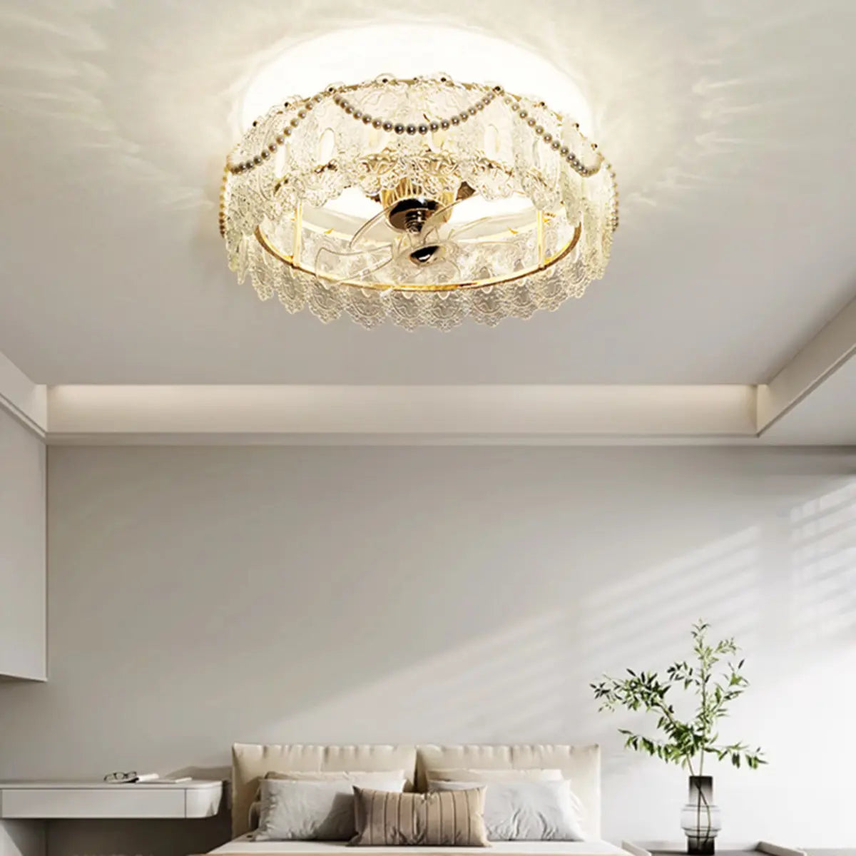 Elegant Round Feathered Glass Shade Ceiling Fan Light Image - 8