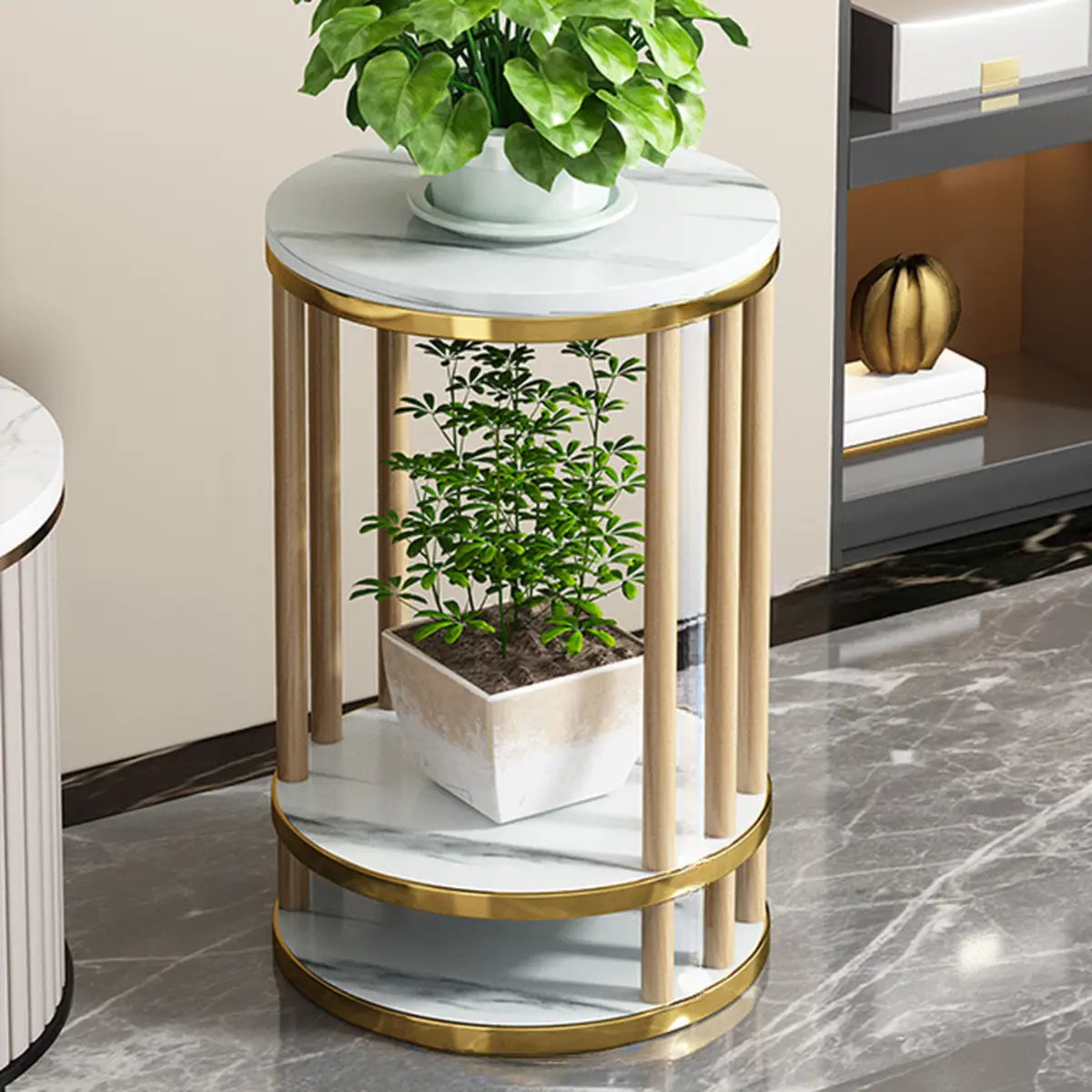 Elegant Round Wood Base Indoor Floor Plant Stand Brown Image - 4