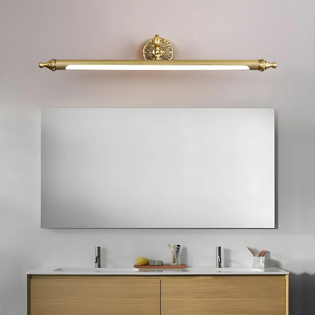 Elegant Simple Gold Linear Brass Mirror Vanity Light Image - 2
