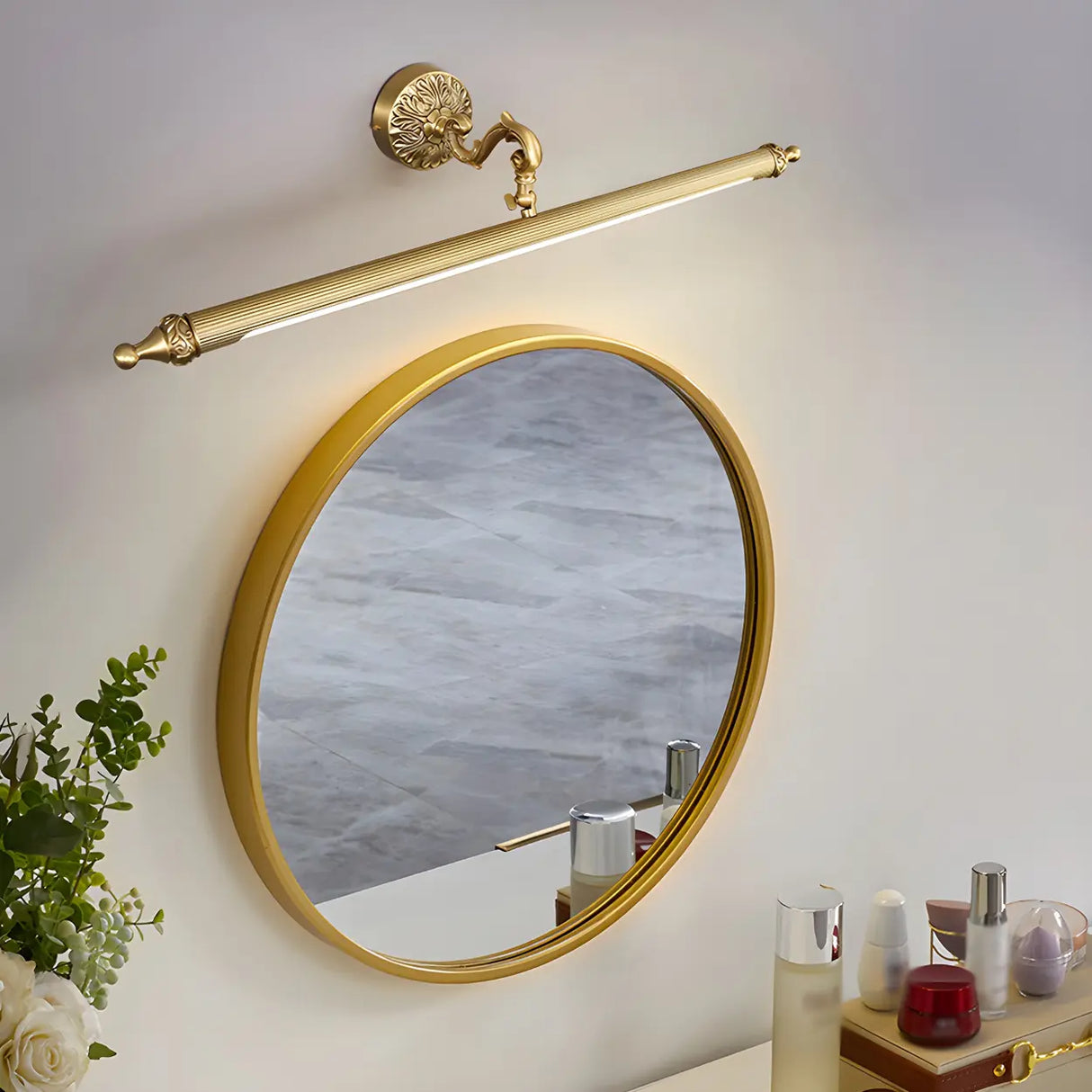 Elegant Simple Gold Linear Brass Mirror Vanity Light Image - 3