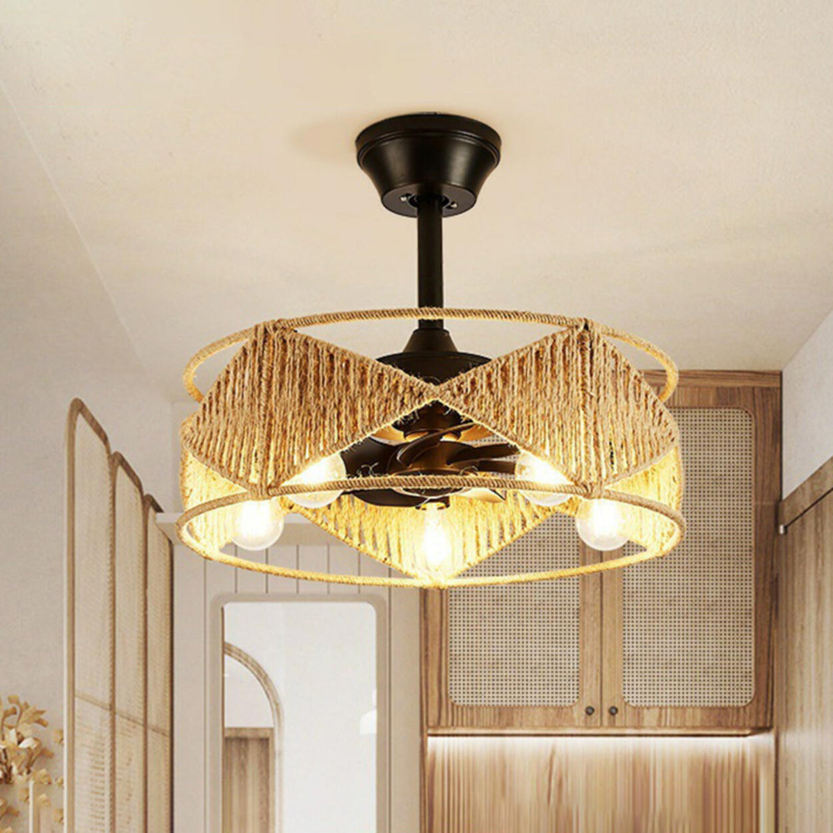 Elegant Simple Rattan Barrel Shade Ceiling Fan Light Image - 1