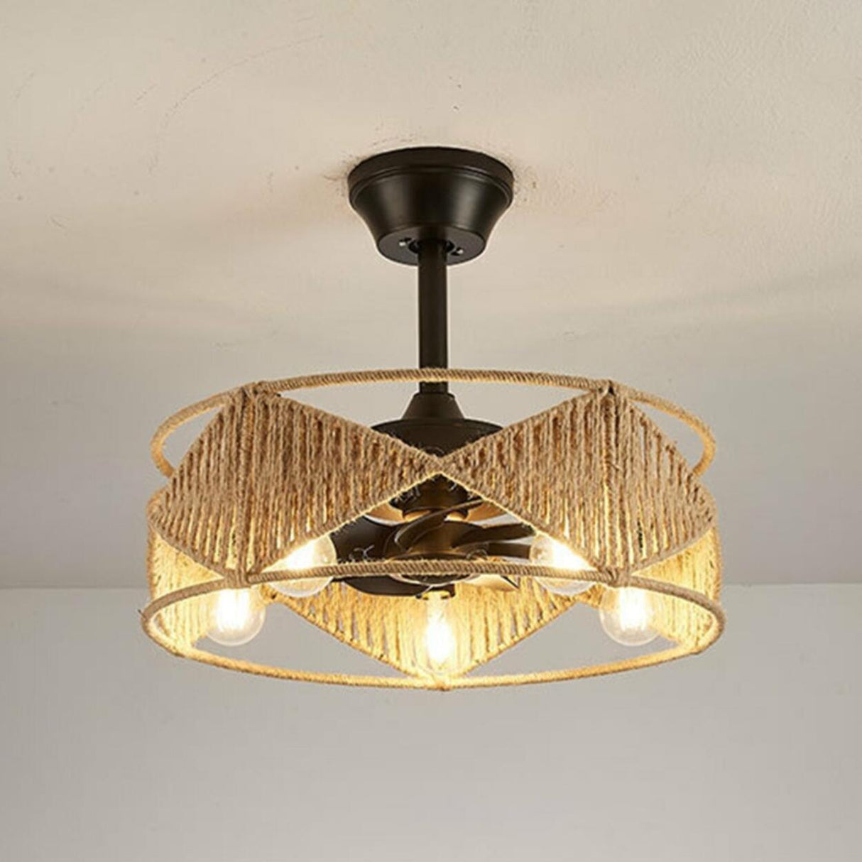Elegant Simple Rattan Barrel Shade Ceiling Fan Light Image - 12