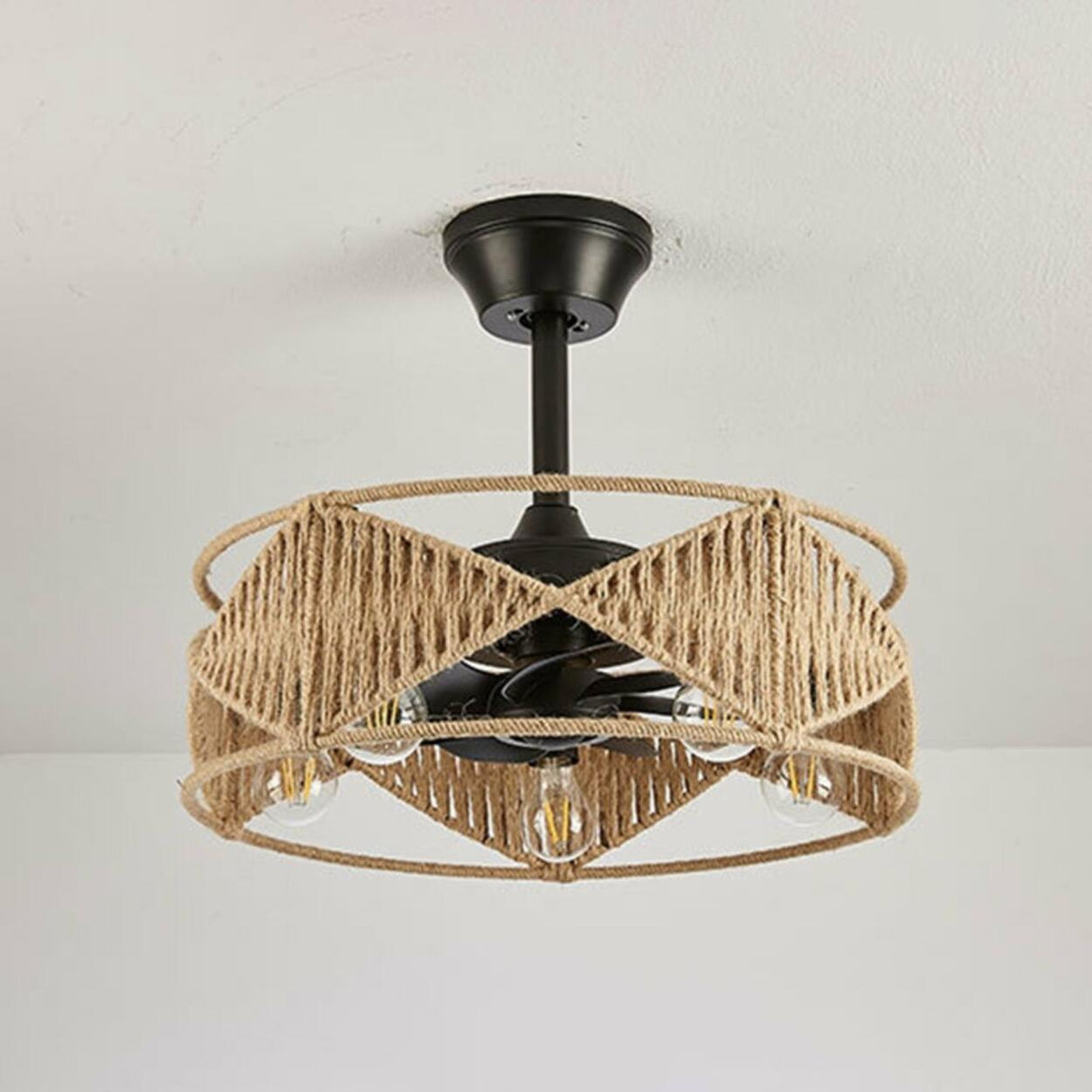 Elegant Simple Rattan Barrel Shade Ceiling Fan Light Image - 13