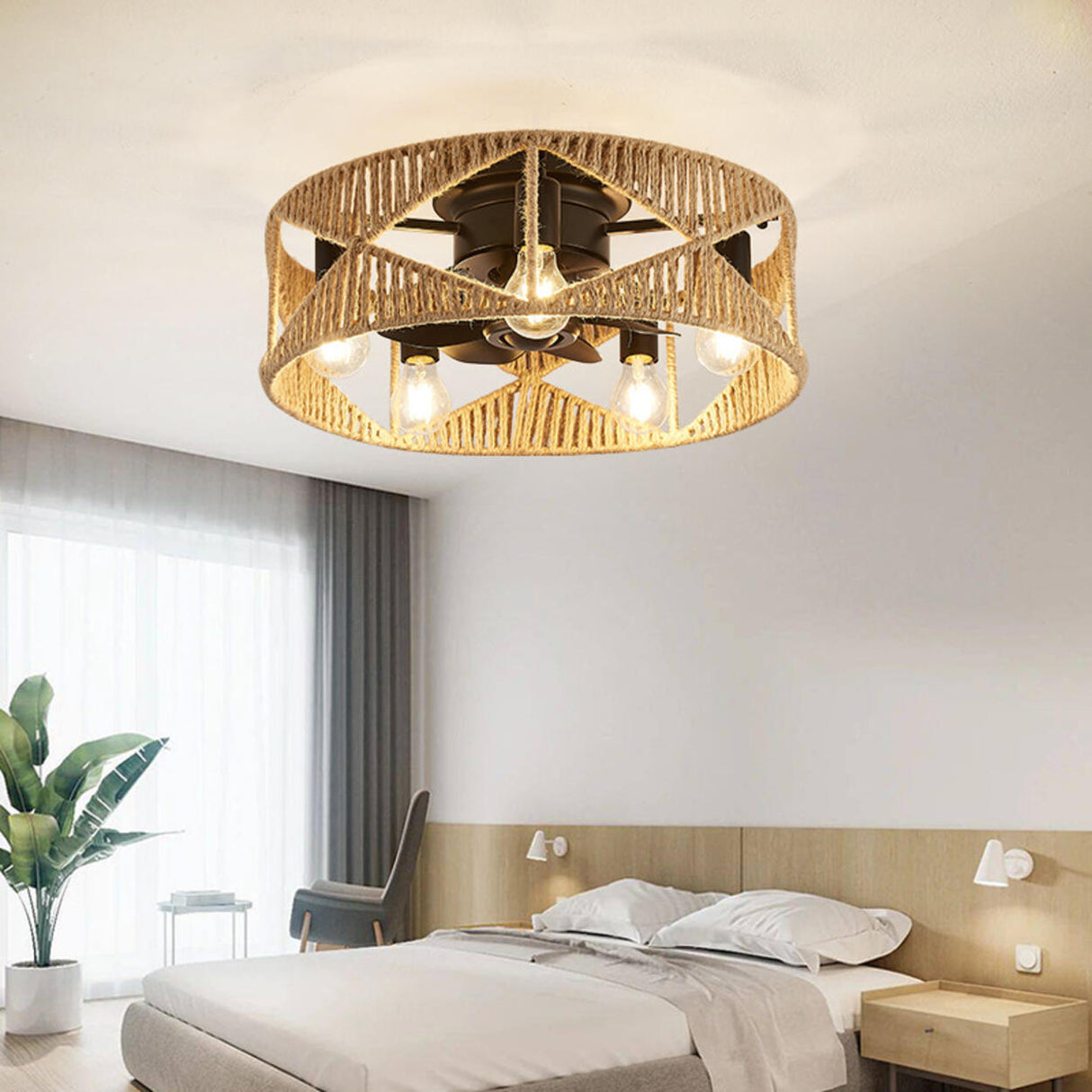 Elegant Simple Rattan Barrel Shade Ceiling Fan Light Image - 3