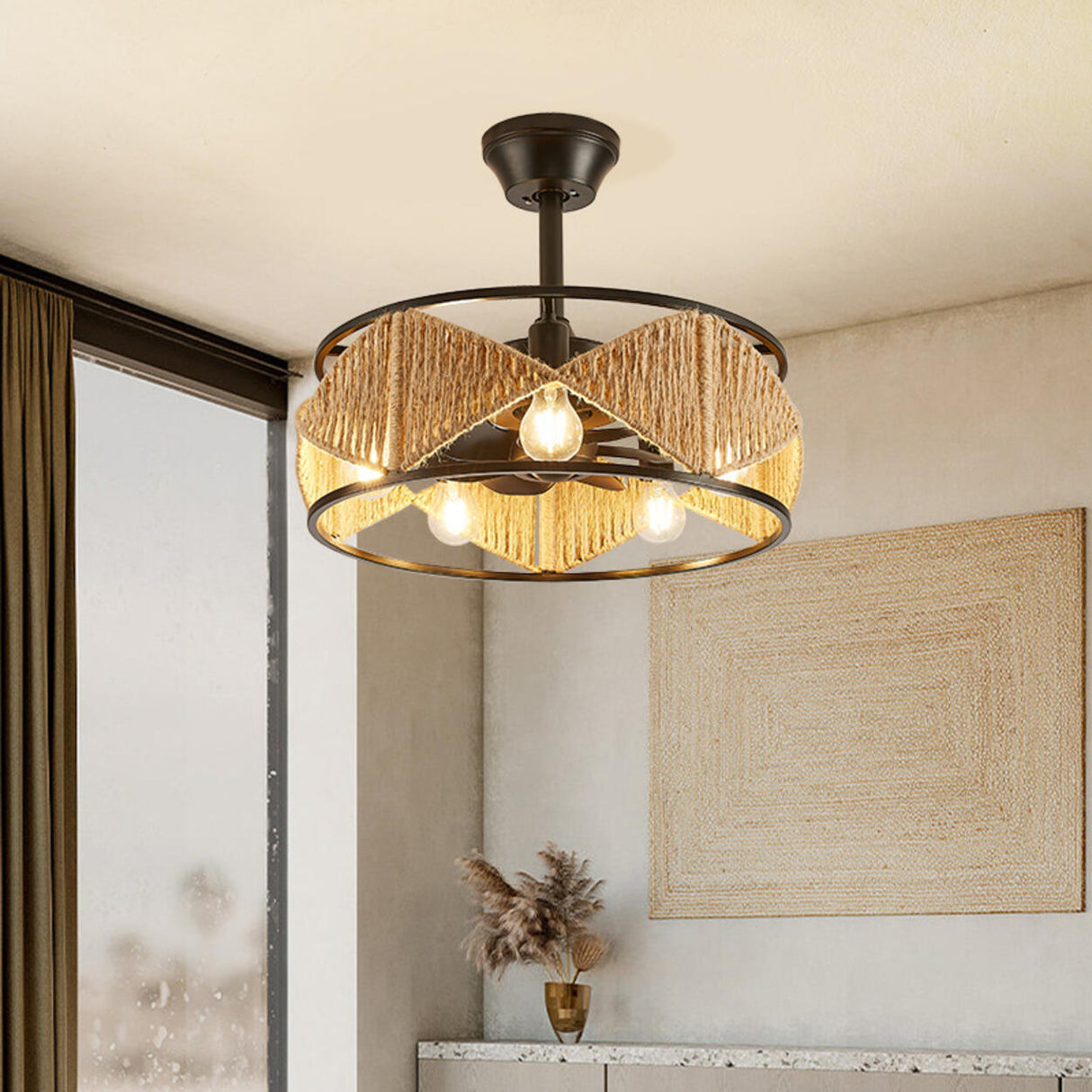 Elegant Simple Rattan Barrel Shade Ceiling Fan Light Image - 4