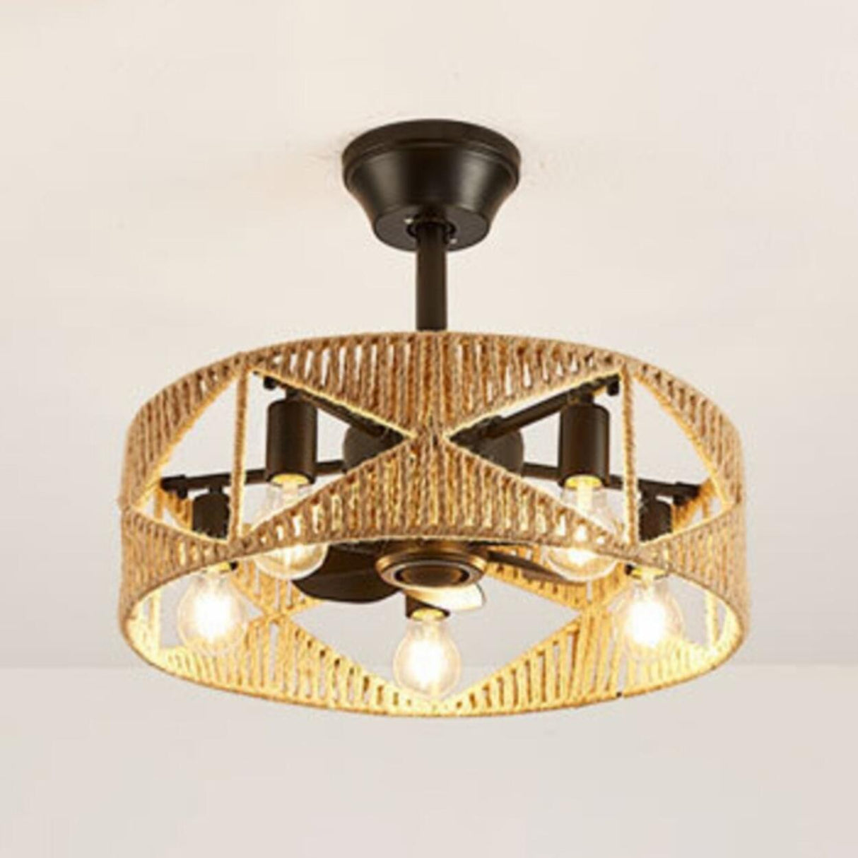 Elegant Simple Rattan Barrel Shade Ceiling Fan Light Image - 7