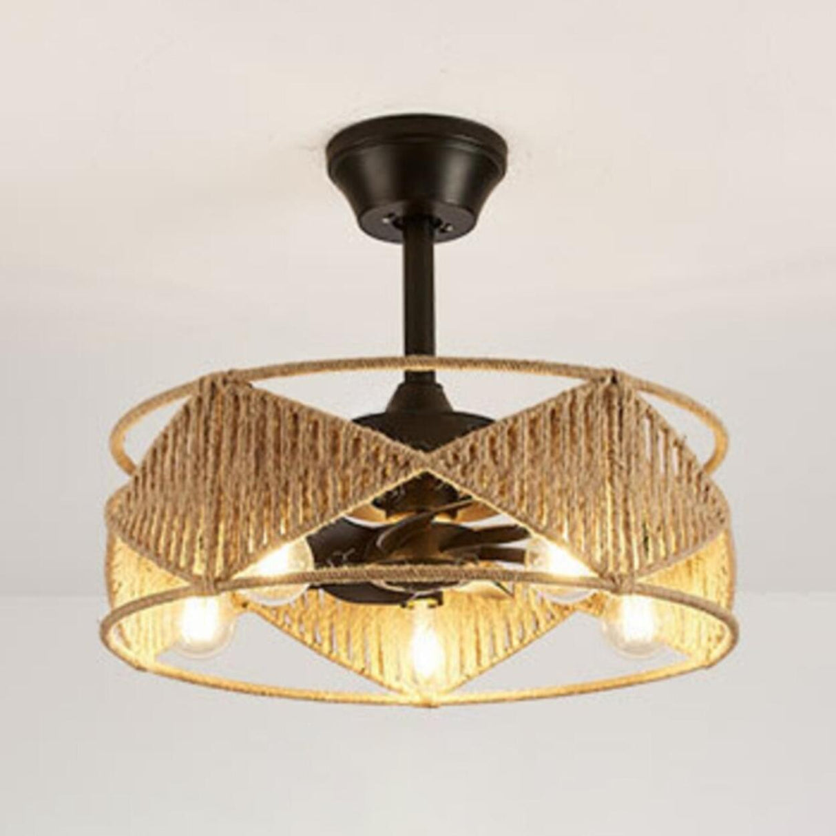 Elegant Simple Rattan Barrel Shade Ceiling Fan Light Image - 9