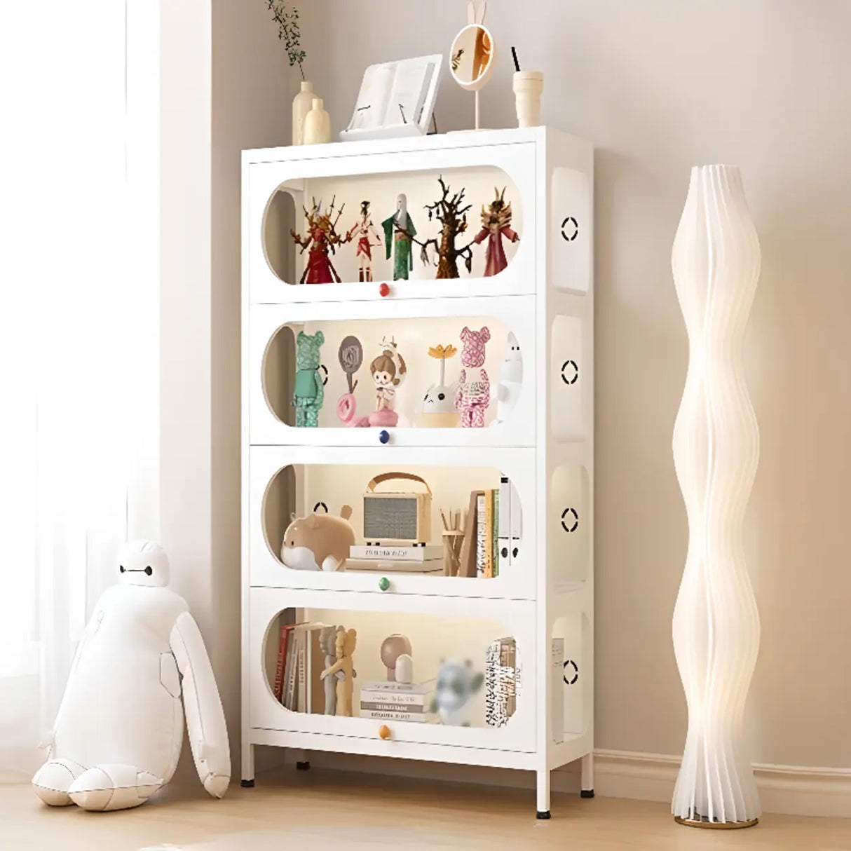 Elegant Steel Living Room White Curio Display Cabinet Image - 16